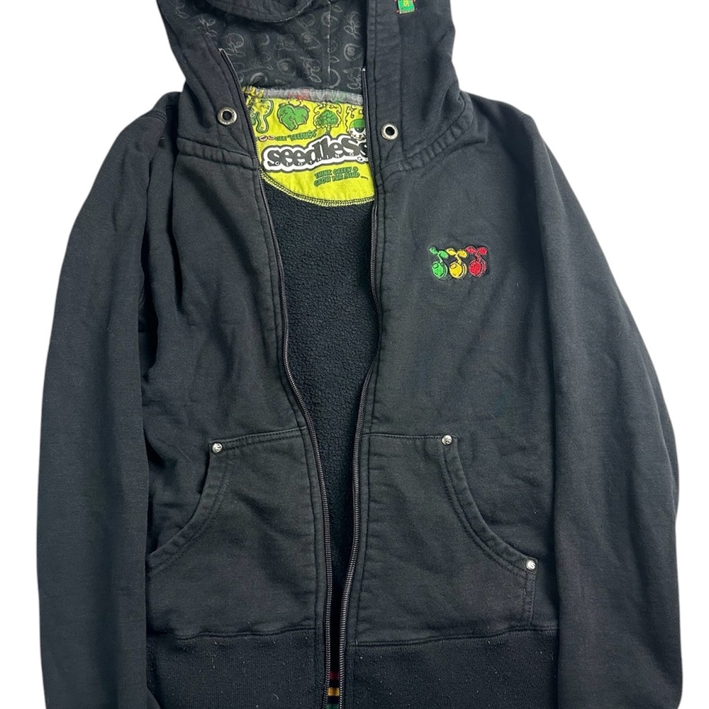 🌿🖤 Seedless Black Fleece Lined Zip Hoodie Rasta Cuffs Y2K 🖤🌿